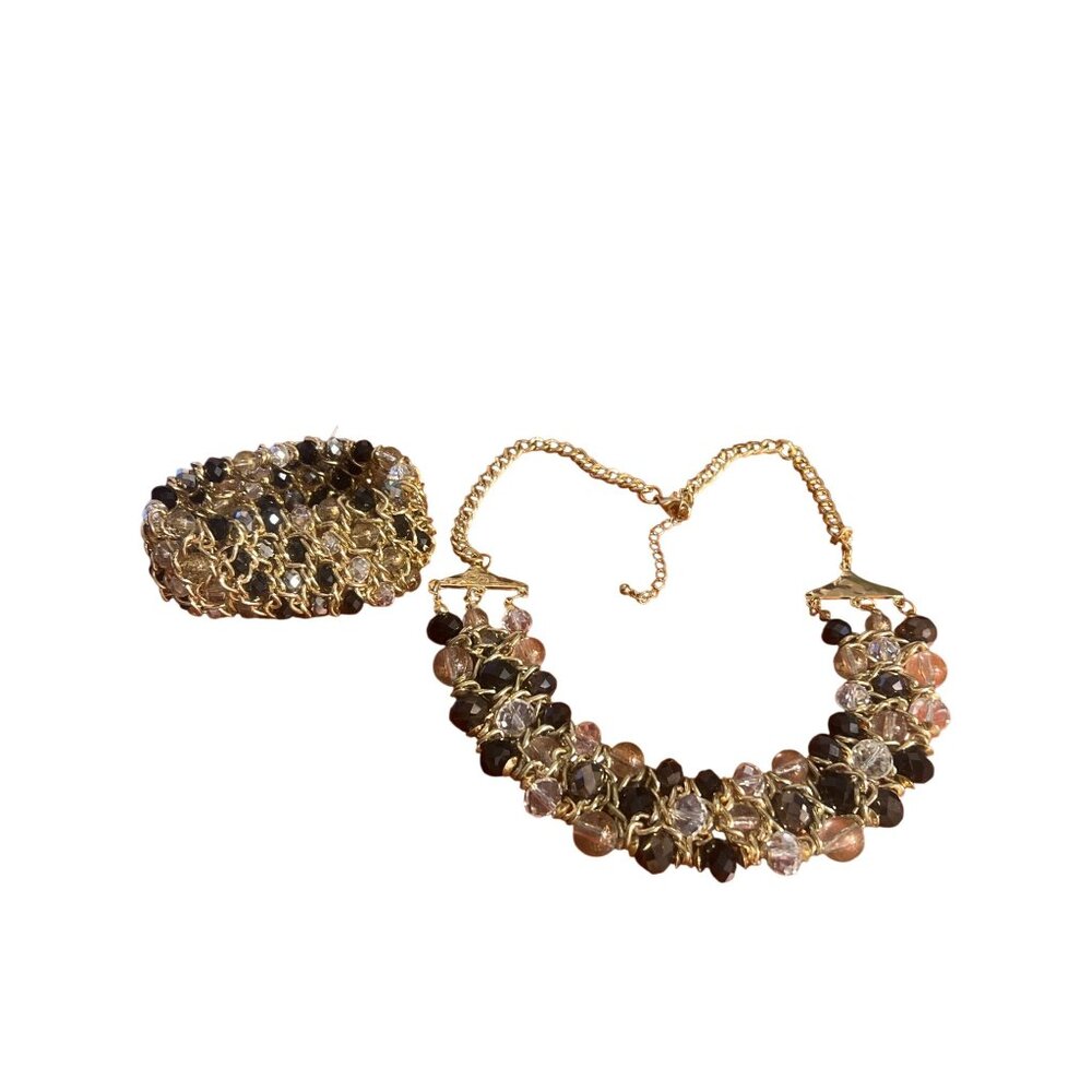 Vintage Necklace Bracelet Set Gold Tone Glass Acrylic Bead Stretch Estate Chunky